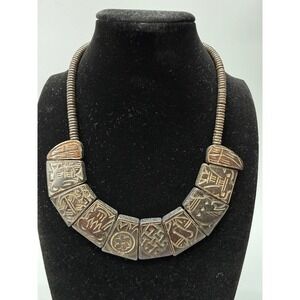 Vintage Carved Panel Bib Necklace 16" Boho Artisan Statement Tribal Ethnic